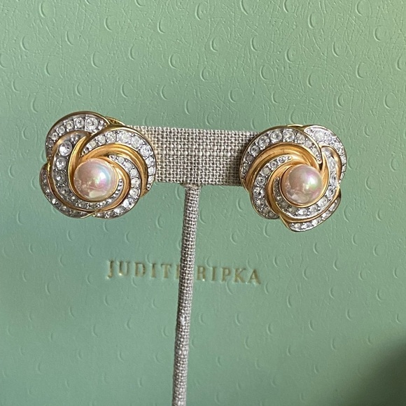 Nolan Miller crystals and pearls gold tone earrings - Picture 2 of 5
